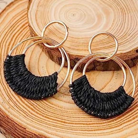 Black Woven Raffia Gold Hoop Earrings Wicker Hoops Links Post Vacation Style New - Picture 2 of 5